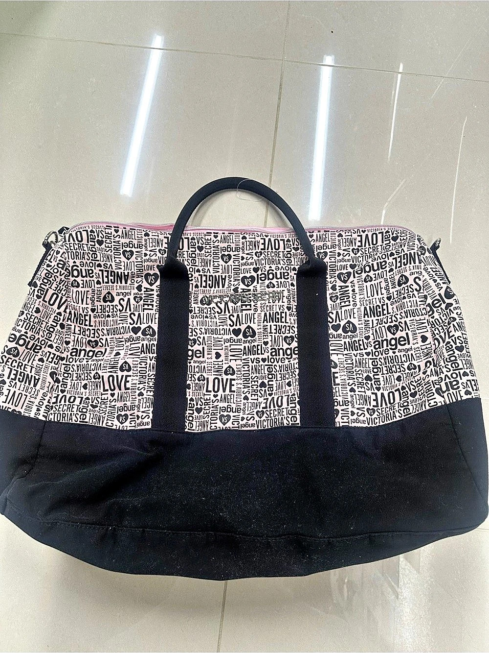 Victoria's Secret All-Over Logo Typography Weekender Duffel Bag Pink & Black